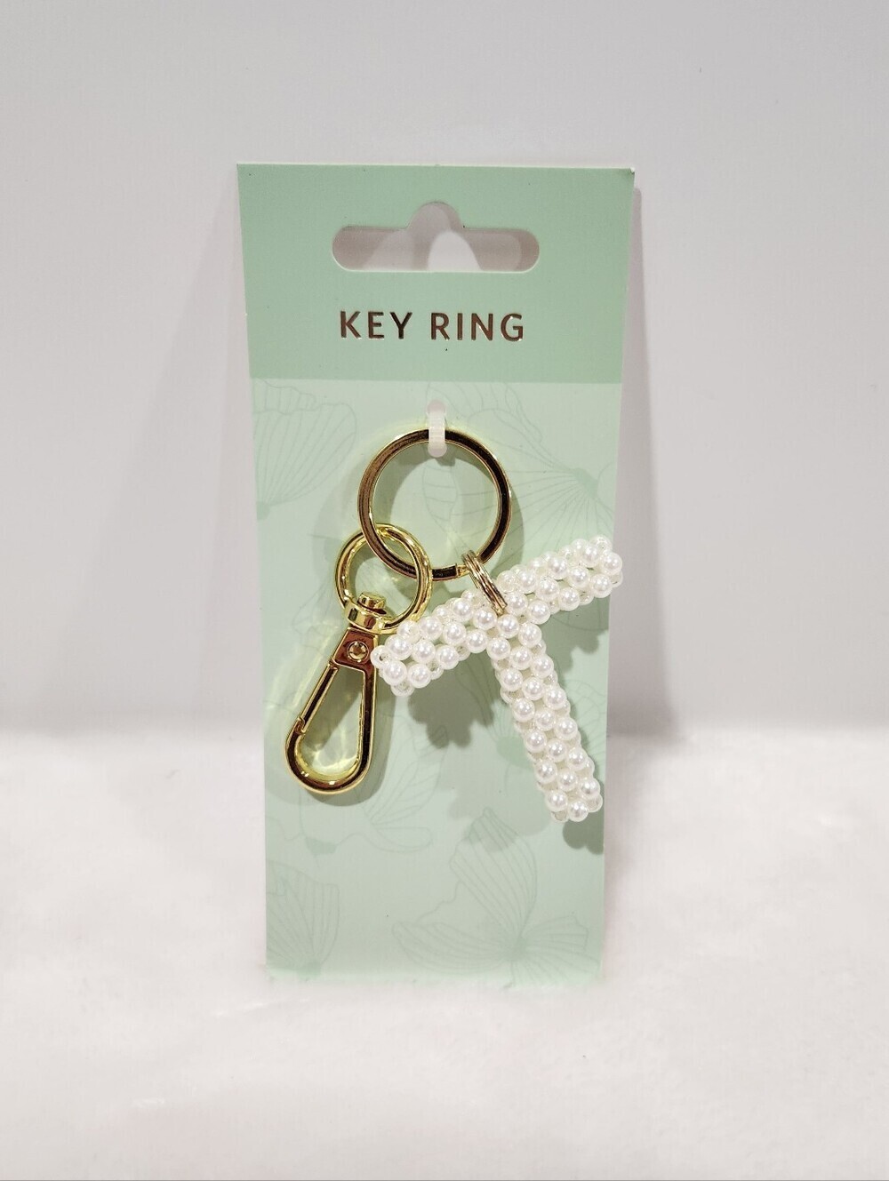 Initial Letter T White Knitted Woven 3D Beaded Pearl Gold Keychain Bag Charm NWT